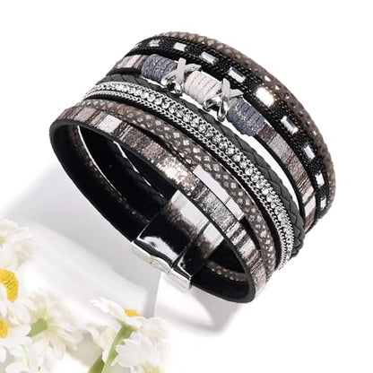VIBILIA Boho Leather Wrap Bracelets for Women Multi-Layer Bracelets | With Strong Clasp Jewelry for Women - color: 02-XxMilletBead-Black