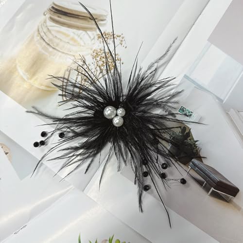 Elegant Feather Flower Pearl Cz Large Brooch Pin for Women Men Rhinestone Crystal Floral Lapel Pins Wedding Party Banquet Dress Suit Clothes Accessories Fashion Jewelry 180mm - color: Black