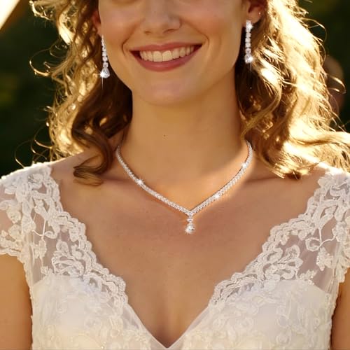 Women's Fashion Jewelry Rhinestone Zircon Necklace and Earring Set Formal Ball Gown Accessories Silver Floral Pendant Bridal Wedding Jewelry Suitable for Weddings, Balls, Banquets, and All Special Occasions - style: GST005