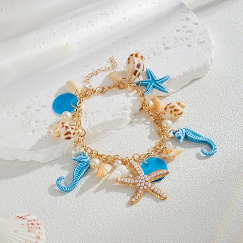 Spiritrain Handmade Starfish Seashell Pearl Bracelets for Women Gold Plated Bohemian Charm Sea Shell Couch Beads Adjustable Chain Anklet Bracelets Hawaiian Beach Holiday Mermaid Costume Jewelry Gifts - color: Blue