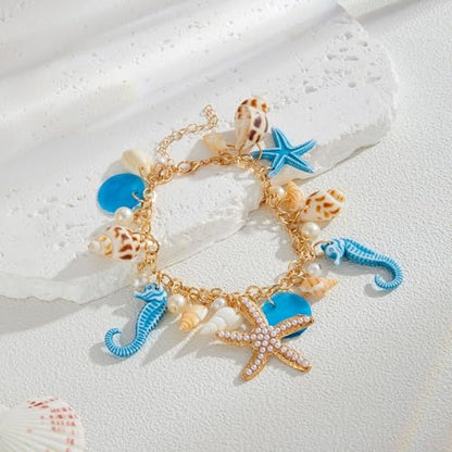 Spiritrain Handmade Starfish Seashell Pearl Bracelets for Women Gold Plated Bohemian Charm Sea Shell Couch Beads Adjustable Chain Anklet Bracelets Hawaiian Beach Holiday Mermaid Costume Jewelry Gifts - color: Blue