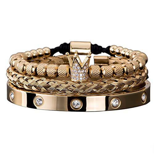 3pcs/set Classical Handmade Braiding Bracelet Hip Hop Men Pave CZ Leopard Head Roman Numeral Bracelet Stainless Steel Jewelry - color: 3pcs K Gold