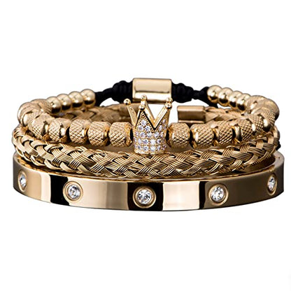 3pcs/set Classical Handmade Braiding Bracelet Hip Hop Men Pave CZ Leopard Head Roman Numeral Bracelet Stainless Steel Jewelry - color: 3pcs K Gold