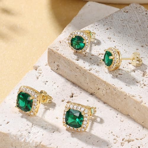 18K Gold Plated Halo Stud Earrings 925 Sterling Silver Cubic Zirconia Stud Earrings Round Square Diamonique Stud Earrings Set for Women Men - color: Gold&Green