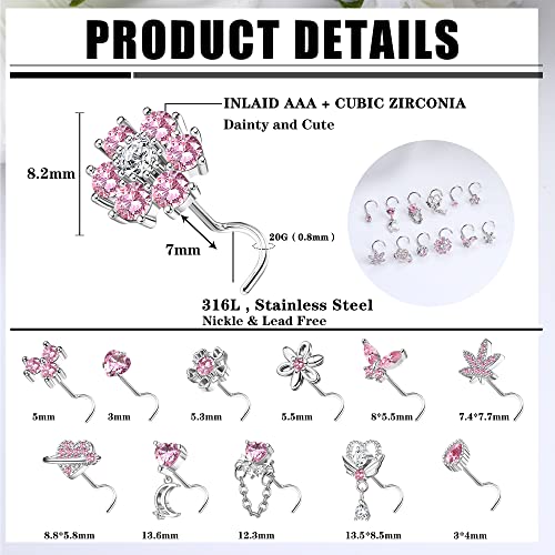 Sanfenly 12 PCS 20G Nose Rings Surgical Stainless Steel, L Shaped Nose Studs for Women Men, CZ Heart Butterfly Flower Leaf Moon Dangle Cute Nose Piercings Studs Screw Jewelry Pink/Purple/Blue/Clear - color: Screw Pink