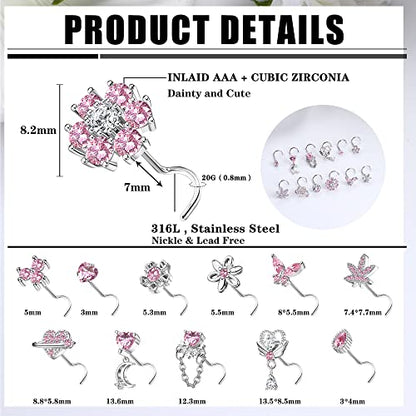 Sanfenly 12 PCS 20G Nose Rings Surgical Stainless Steel, L Shaped Nose Studs for Women Men, CZ Heart Butterfly Flower Leaf Moon Dangle Cute Nose Piercings Studs Screw Jewelry Pink/Purple/Blue/Clear - color: Screw Pink