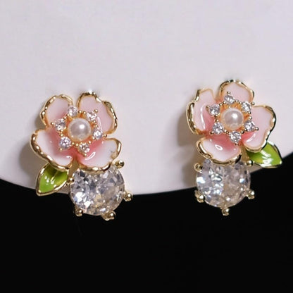 Exquisite Zircon Colorful Enamel Whimsical Floral Stud Earrings for Women Banquet Party Earrings Jewelry Gifts - color: gold