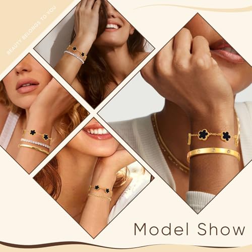 Women Gold Bracelets Jewelry Set - 3Pcs 18K Gold Plated Floral Bracelet,Stainless Steel Charm Bracelet Non-Tarnish,Adjustable Lucky Chain Trendy Gift,Christmas Valentines Birthday Gifts for Girlfriend - style: Black-3pcs