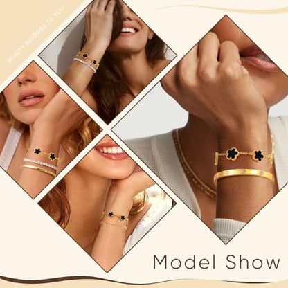 Women Gold Bracelets Jewelry Set - 3Pcs 18K Gold Plated Floral Bracelet,Stainless Steel Charm Bracelet Non-Tarnish,Adjustable Lucky Chain Trendy Gift,Christmas Valentines Birthday Gifts for Girlfriend - style: Black-3pcs