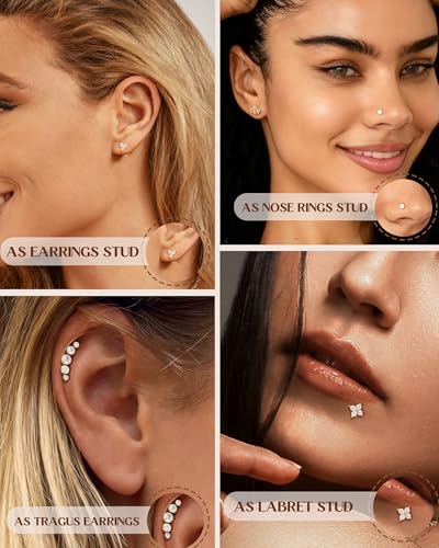 Fansilver 14K Gold Plated Threadless Flat Back Earrings for Women Men | 316L Surgical Steel Push in Nose Piercings Lip Rings,CZ Nostril Helix Conch Medusa Tragus Piercing Jewelry,16/18/20G,6/8mm - color: Gold Plated, size: 20G:8mm