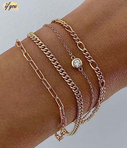 Gold Bracelets Set for Women Trendy, 14K Real Gold Plated Jewelry for Women Dainty Chain Bracelet Stack, Non Tarnish Gold Stackable Bracelets Pack Fashion Accessories Gifts - color: Style3-gold