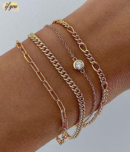 Gold Bracelets Set for Women Trendy, 14K Real Gold Plated Jewelry for Women Dainty Chain Bracelet Stack, Non Tarnish Gold Stackable Bracelets Pack Fashion Accessories Gifts - color: Style3-gold