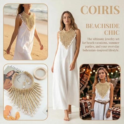 Coiris Boho African Wooden or Acrylic Beaded Bib Statement Necklace Strands Layered Cluster Chunky Collar Choker Wood Necklace for Women Fashion Costume Jewelry - color: N0065-Off White+Shell