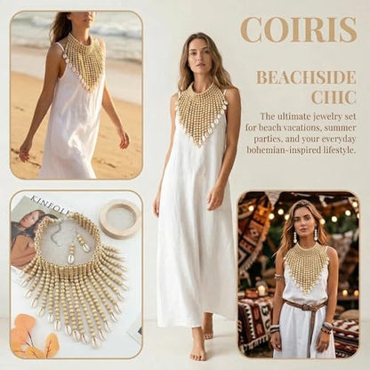 Coiris Boho African Wooden or Acrylic Beaded Bib Statement Necklace Strands Layered Cluster Chunky Collar Choker Wood Necklace for Women Fashion Costume Jewelry - color: N0065-Off White+Shell