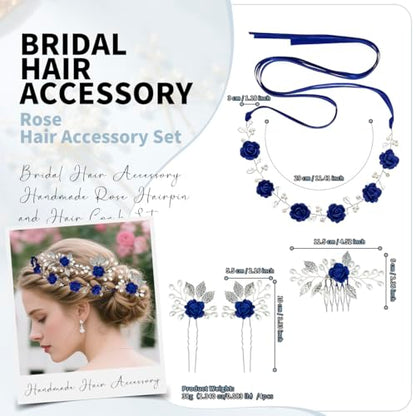 Wedding Hair Accessories Hair pieces Set Crystal bridal hair pins Rhinestone Pearl hair comb Brides and Bridesmaids, Girls, Women(（4PCS/SET BLUE) - color: blue