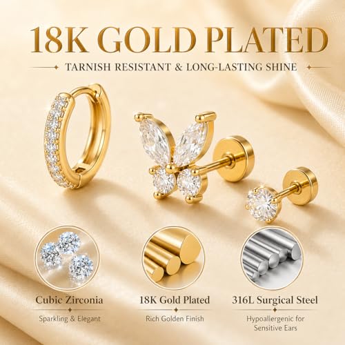 16 Single Gold Flat Back Earrings Set, Cartilage Piercing Jewelry | 316L stainless steel, 18K gold plated, nickel-free and hypoallergenic; studs, hoops, climbers and chains for ear stacks.