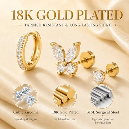 16 Single Gold Flat Back Earrings Set, Cartilage Piercing Jewelry | 316L stainless steel, 18K gold plated, nickel-free and hypoallergenic; studs, hoops, climbers and chains for ear stacks.