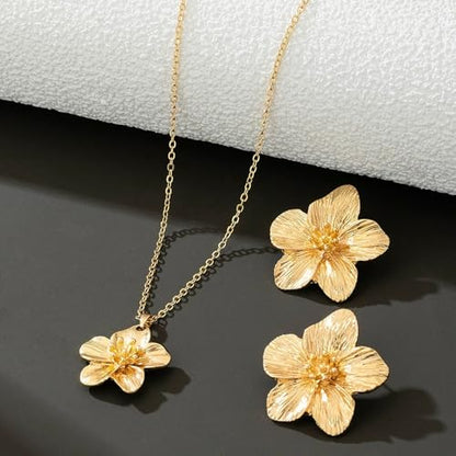 Gold Flower Jewelry Set For Women, 5 Pcs Chunky Golden Floral Pendant Necklace Bracelet Earrings Ring Set Statement Flower Jewelry Gifts For Beach Wedding - color: 2pcs-necklace+earrings