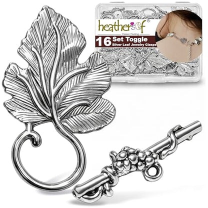 Heather's cf Toggle Clasps for Jewelry Making, 16 Sets Antique Silver Grape Leaf Toggle Jewelry Clasps, Large Necklace Clasp & Bracelet Clasps and Closures for DIY Jewelry Making - color: Large silver toggle clasp