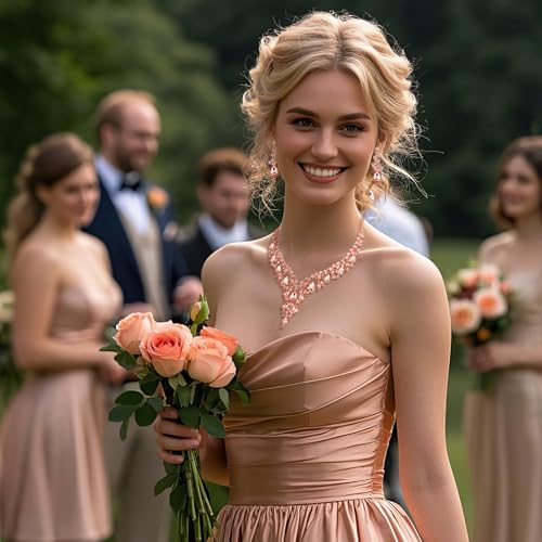 Wedding Bridal Necklace Earrings Jewelry Set for Women | Gorgeous Austrian Crystal Teardrop Flower Cluster for Bridal Bride Bridesmaid - color: 2Pcs-Peach Rose-Gold-Tone