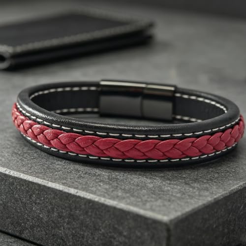 Italian Handmade Leather Bracelets for Men - color: Black Red, size: 8.2"