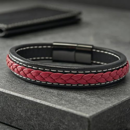 Italian Handmade Leather Bracelets for Men - color: Black Red, size: 8.2"