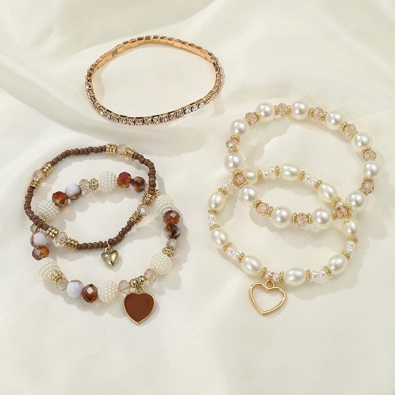 Pingyongchang Bohemian Stackable Beaded Bracelets Set for Women Multicolor Stretch Faux Pearl Heart Crystal Stretchy Bangles Multilayered Handmade Friendship Holiday Beach Jewelry Mother's Day Gifts - color: Brown