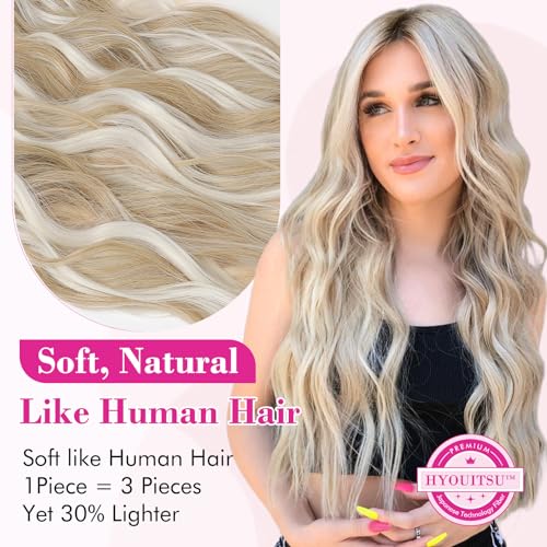 REECHO Blonde Hair Extensions, 20” One Piece Clip in Hair Extensions Thick Long Beach Wavy Natural Soft Synthetic Hairpieces for Women, Ash Blonde with Highlights - color: Ash Blonde with Highlights - Wavy, size: 20 Inch (Pack of 1)