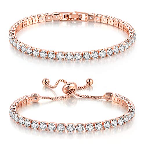2 Pcs Tennis Bracelets for Women 14K Gold Plated AAA+ Cubic Zirconia CZ Diamond Classic Adjustable Slider Bracelet Fashion Jewelry Wedding Gift Size 6.5-7.5 Inch - color: Rose Gold, size: 6.5 Inches