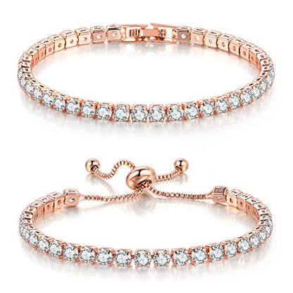 2 Pcs Tennis Bracelets for Women 14K Gold Plated AAA+ Cubic Zirconia CZ Diamond Classic Adjustable Slider Bracelet Fashion Jewelry Wedding Gift Size 6.5-7.5 Inch - color: Rose Gold, size: 6.5 Inches