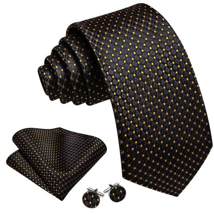 YOHOWA Men Plaid/Striped Ties Clip Set Silk Necktie Pocket Square Cufflinks | Woven Classic,Formal/Casual Mens Tie,Pocket Square Cufflinks Set,Luxury,Business,Wedding,Party,Prom,Graduation - color: Black Gold a