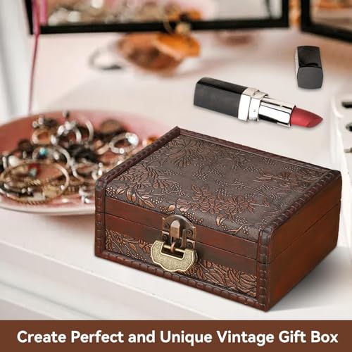 HERCHR Wooden Treasure Chest Box with Key and Lock, Retro European Style Wooden Jewelry Storage Box Memory Keepsake Letter Treasure Chest Lockable with Hinged Lid for Home Decor