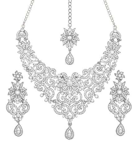 Touchstone Indian Jewelry Sets for Women Bollywood Wedding Bridal Necklace desi Earrings Formal Fancy Rhinestone India Designer Jewellery Punjabi Tikka Set in Antique Gold or Silver or White Tone - color: White