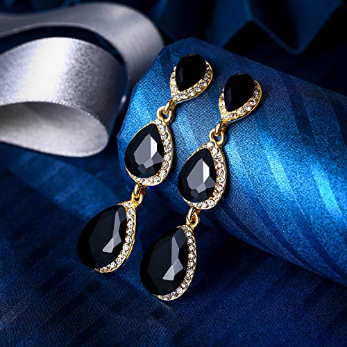 EleQueen Women's Crystal Teardrop Pear Shape 2.5 Inch Long Earrings | Dangle Earrings for Women, TearDrop Crystals Earrings for Bride Bridesmaid, Prom Jewelry for Wedding - color: Gold-Tone Black