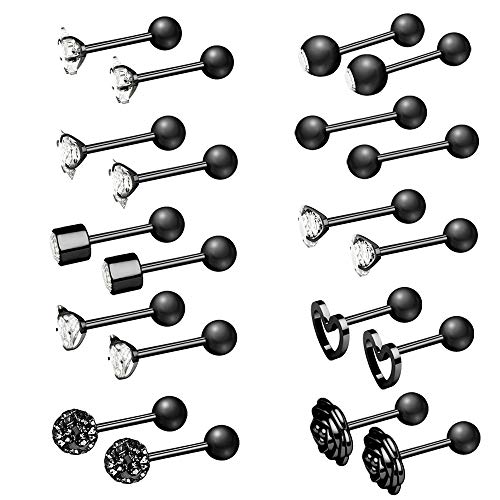 10 Pairs 16g Ear Cartilage Helix Surgical Stainless Steel Cubic Zirconia Stud Cartilage Earrings Huggie Screw Backs Ear Tragus Auricle Cute Love Heart Flower Barbell Piercing Set 4mm - color: Black