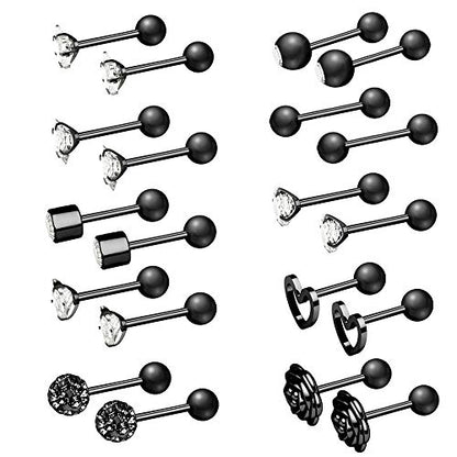 10 Pairs 16g Ear Cartilage Helix Surgical Stainless Steel Cubic Zirconia Stud Cartilage Earrings Huggie Screw Backs Ear Tragus Auricle Cute Love Heart Flower Barbell Piercing Set 4mm - color: Black