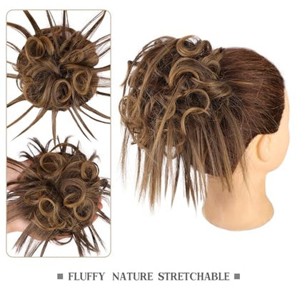 HMD Tousled Updo Messy Bun Hair Piece for Women Synthetic Hair Extension | Messy Bun Hair Piece with Elastic Scrunchie Synthetic Tousled Updos Ponytail Hairstyles for Daily Wear - color: Brown Mixed Blonde