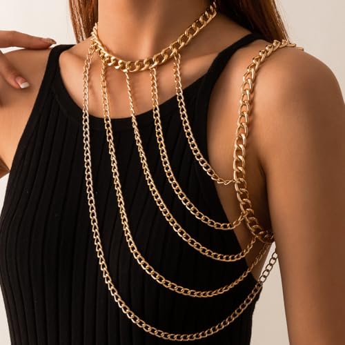WeeH Shoulder Necklace Chain Body Jewelry Layered Shoulder Jewelry Accessory at Party Beach Summer Holidays Halloween Costume - color: Gold