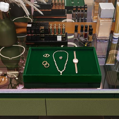 Flat Velvet Jewelry Display Tray for Dresser & Retail Green | No Compartment Design, Large Open Space, Stackable, For Ring Necklace Bracelet Watch Earring Bangle - size: 1 Grid