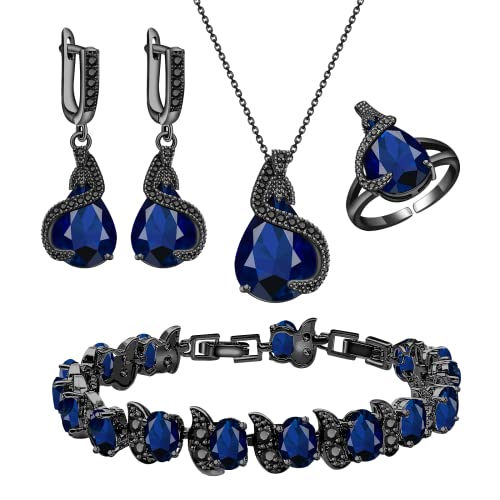 GZWHD Jewelry Set for Women Water Drop Cubic Zirconia Artificial Crystal Earrings Pendant Necklace Open Ring Tennis Bracelet Wedding Anniversary Birthday Engagement Gift for Bridesmaid Wife Girlfriend Friend - color: Black Gun-Blue