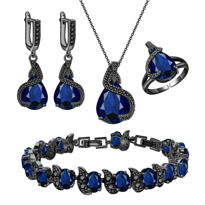 GZWHD Jewelry Set for Women Water Drop Cubic Zirconia Artificial Crystal Earrings Pendant Necklace Open Ring Tennis Bracelet Wedding Anniversary Birthday Engagement Gift for Bridesmaid Wife Girlfriend Friend - color: Black Gun-Blue