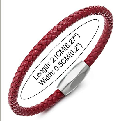 COOLSTEELANDBEYOND Minimalist Mens Women Leather Bracelet, Thin Braided Leather Bangle, Steel Oval Magnetic Clasp - color: A-Color: Red