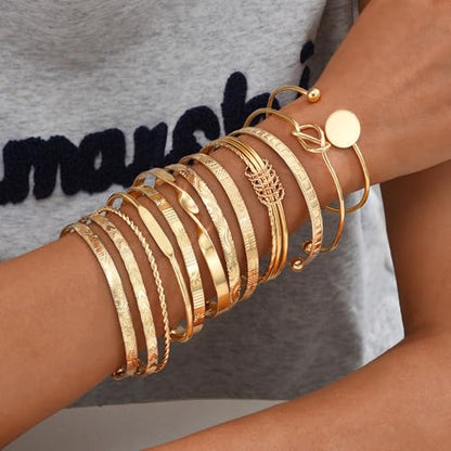ÌF ME Gold Bangle Bracelets for Women, Indian Bangles Stackable Set, Multi Layer Textured 18K Gold Plated Chunky Bracelets Boho Jewelrys Set - style: B-12PCS adjustable Trendy bangles