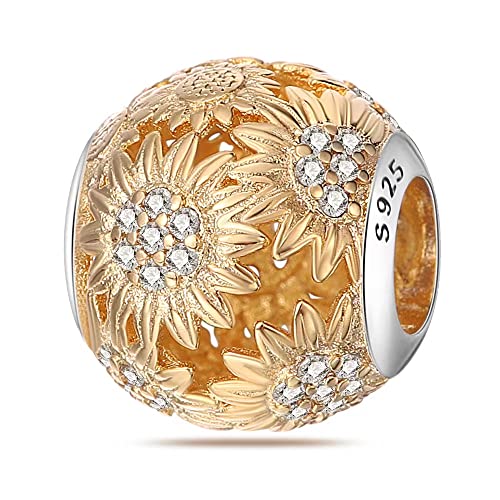 HappyStar 925 Sterling Silver Charms for Pandora Charms Bracelets and Necklaces Beads Charms Jewelry Mother's Day Gift for Women （With one Spacer Bead Charms - style: Golden Sunflower Charm