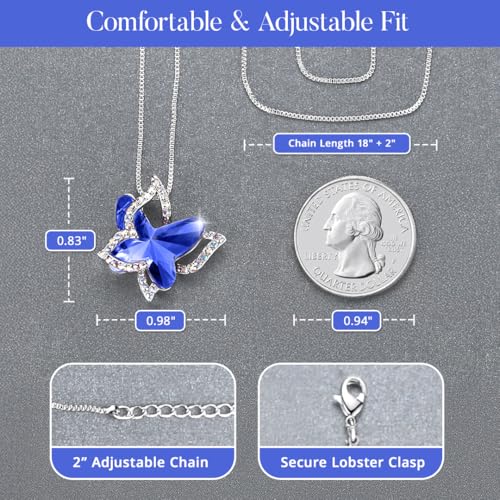 Butterfly Necklace, Birthstone Crystal, for Women, Silver Tone Pendant Jewelry, Anniversary Birthday Gift for Her, Wife & Mom, 18"+2" - color: 13-Healing Stone for Wisdom - Cobalt Blue Crystal