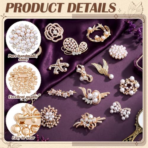 Sasylvia 16 Pcs Women Brooch Set Rhinestone Vintage Animal Insect Plant Pins Brooches Bulk for Christmas Women Girls Gifts - style: Pearl