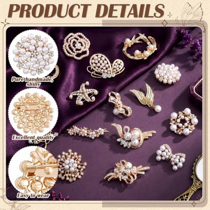 Sasylvia 16 Pcs Women Brooch Set Rhinestone Vintage Animal Insect Plant Pins Brooches Bulk for Christmas Women Girls Gifts - style: Pearl