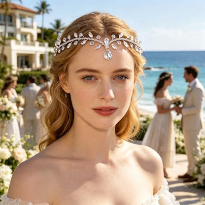 Rhinestone Bridal Forehead Head Chain Wedding Headband | Silver & Gold Crystal Pendant Headpiece Festival Costume Bridal Hair Accessories for Women