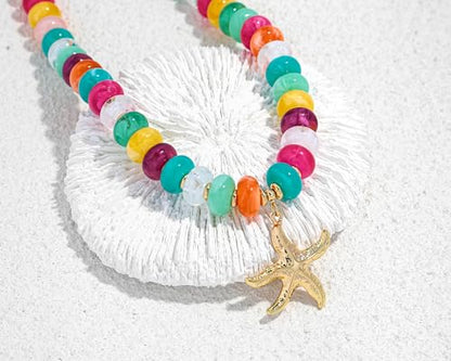 Chunky Beads Necklace for Women Trendy Gold Puffy Heart Choker Necklace Colorful Resin Beaded Heart Pendant Necklaces Statement Jewelry - color: 14MM Disc starfish Bead-Colorful
