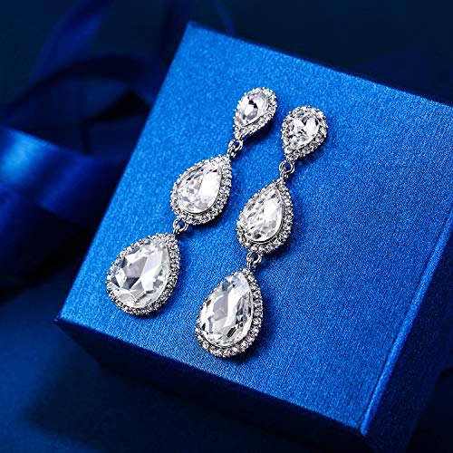EleQueen Women's Crystal Teardrop Pear Shape 2.5 Inch Long Earrings | Dangle Earrings for Women, TearDrop Crystals Earrings for Bride Bridesmaid, Prom Jewelry for Wedding - color: 03-Silver-tone Clear